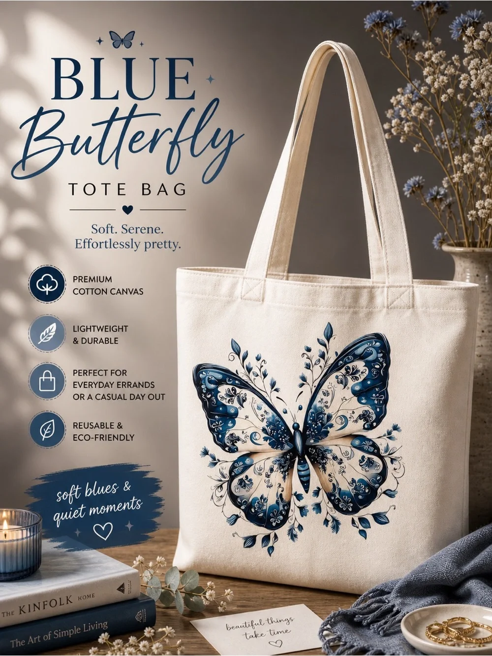 Handmade Canvas Tote Bag with Blue Butterfly Graphic - White - Picture 1 of 2